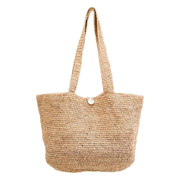 Annabel Ingall Australia Beige Tan Raffia Beach Shoulder Tote Capiz Shell Button - Picture 1 of 11